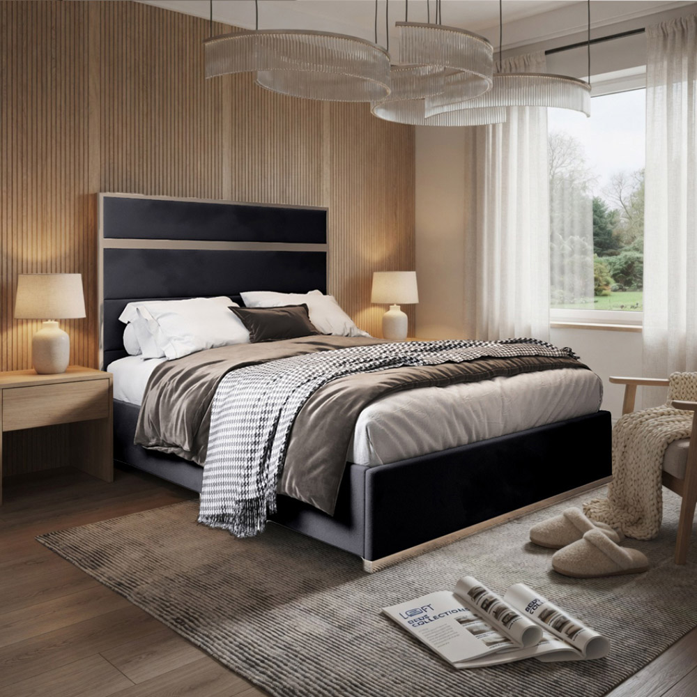 Bentley Black Single Velvet Upholstered Metal Bed Frame with Panelled Headboard Image 5