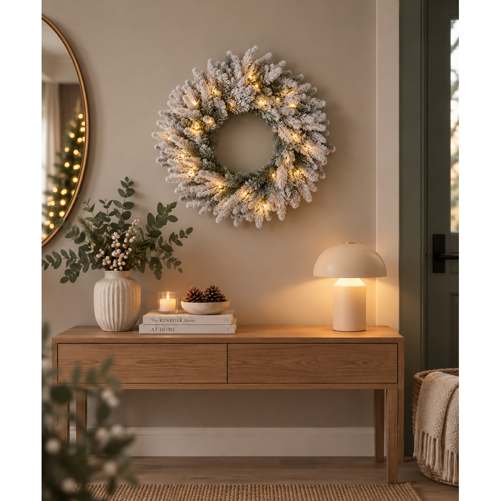 Festive Christmas Pre-Lit Snow Flocked Wreath 60cm Image 2