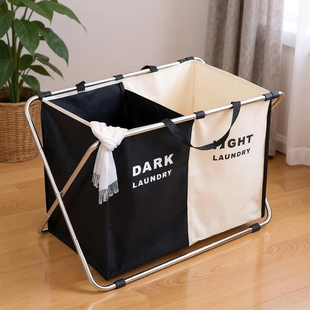 Living and Home 2 Section Black and Beige Foldable Laundry Basket 72 x 40cm Image 7