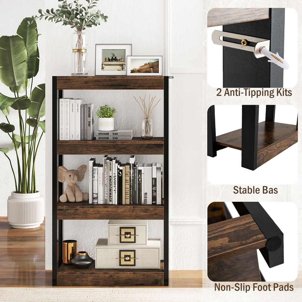 Costway 4 Tier Rustic Brown Wooden Bookcase with Dual Anti Tipping Kits Image 7