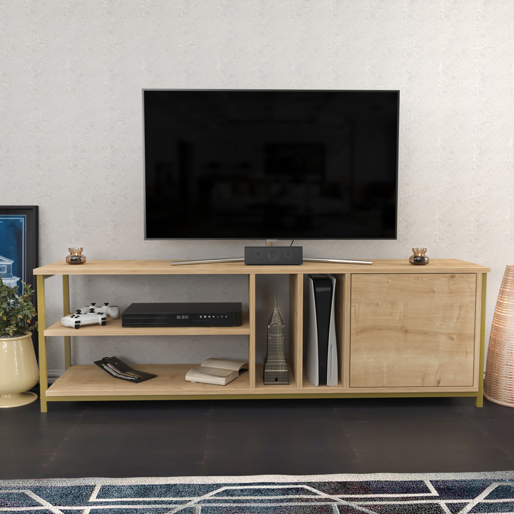 Decorotika Oneida Single Door 4 Shelf Gold and Oak TV Unit Image 4