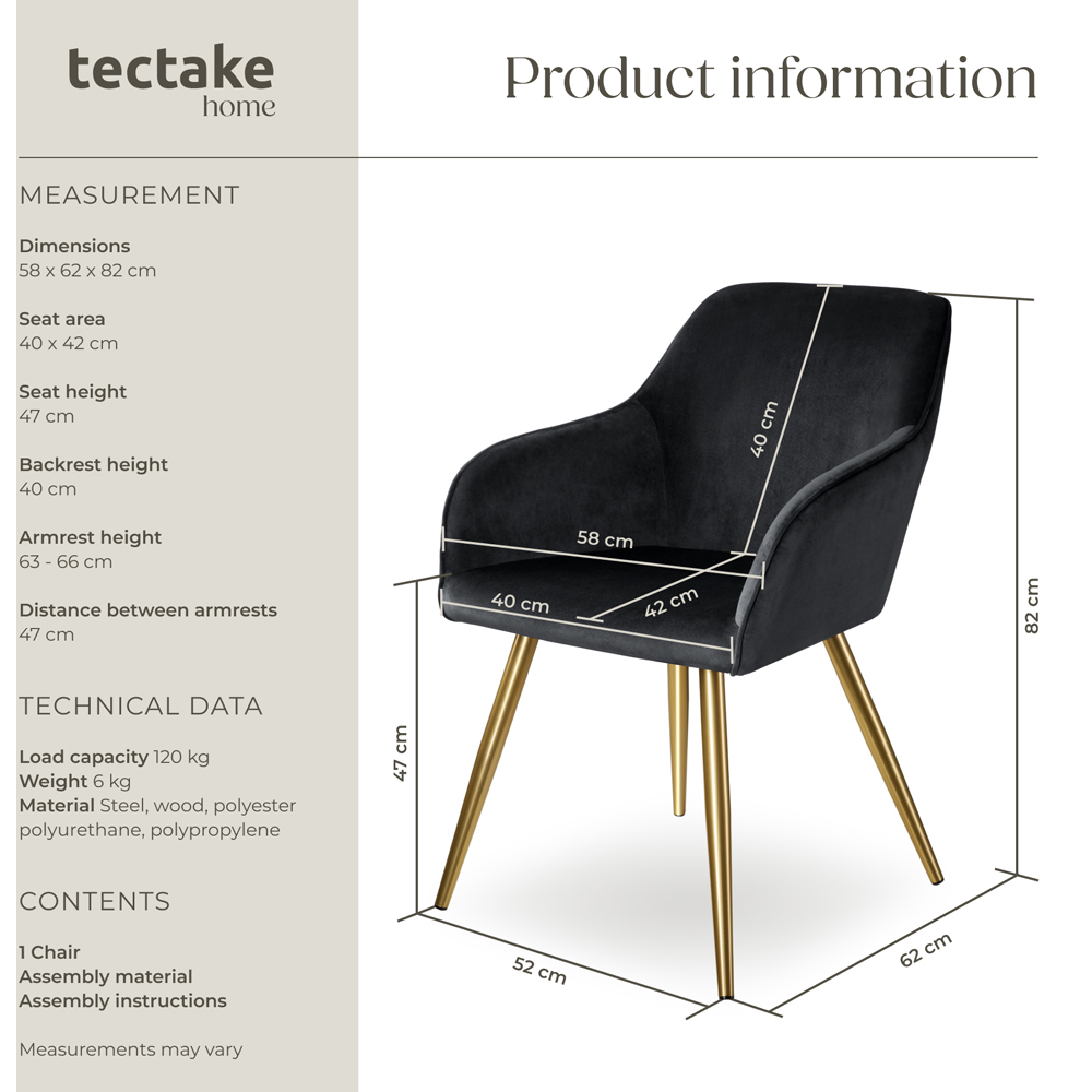 tectake Marilyn Black and Gold Velvet Look Padded Accent Chair Image 9