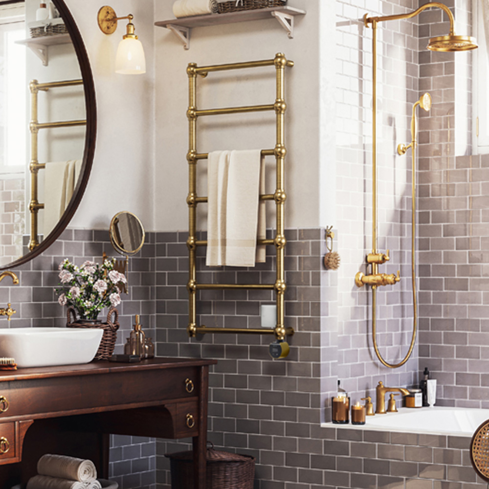 Terma Retro Brushed Brass Electric Towel Rail with VEO Element Controller 1170 x 504mm Image 2