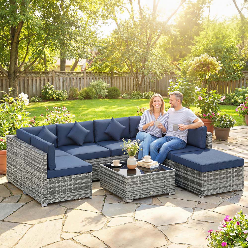 Outsunny 6 Seater Dark Blue Rattan Patio Corner Sofa Set Image 2