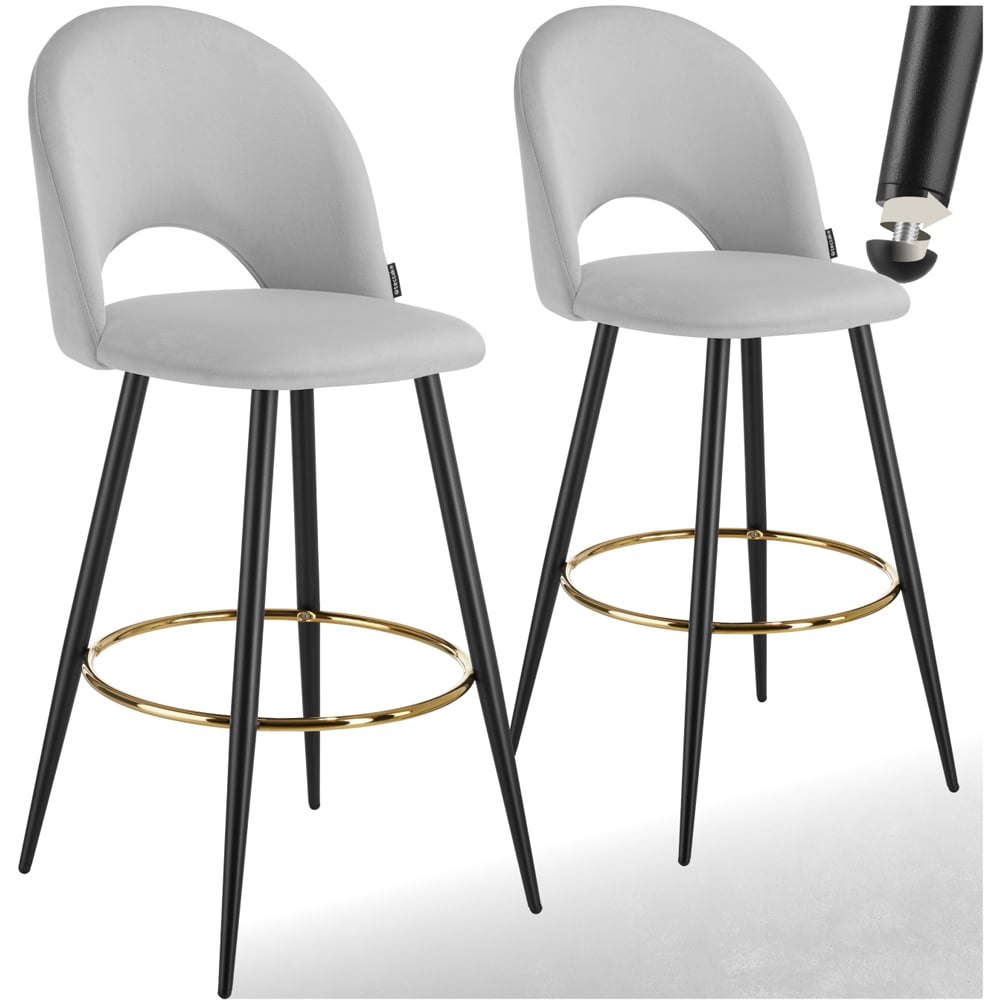 tectake Rachel Light Grey and Black Velvet Look Bar Stool Set of 2 Image 2