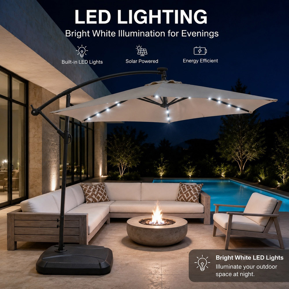 Direct Wicker Beige LED Tilt and Crank Hanging Cantilever Parasol 2.94m Image 6