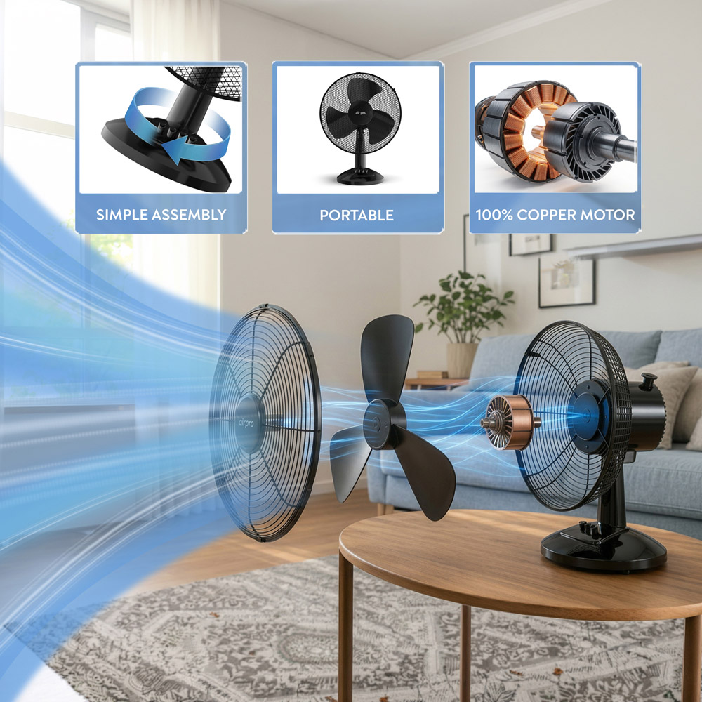 Air Pro Black Oscillating Portable Quiet Desk Fan 12 inch Image 3