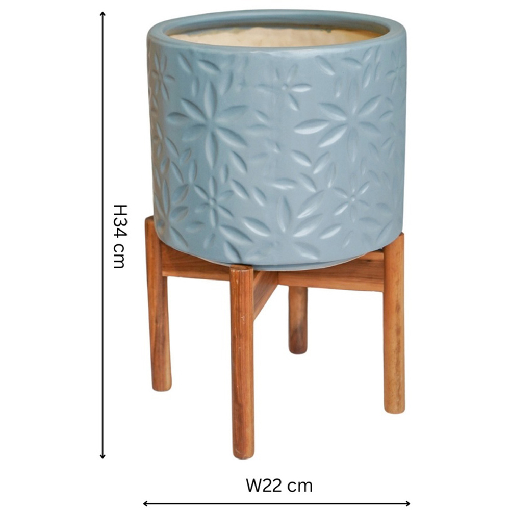 Ivyline Aspen Dusty Blue Flower Planter with Wooden Stand 22cm Image 5