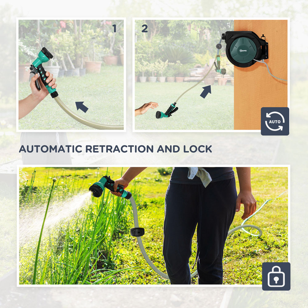 Outsunny Green Retractable Hose Reel Wall Mounted with Lock 30m Image 6
