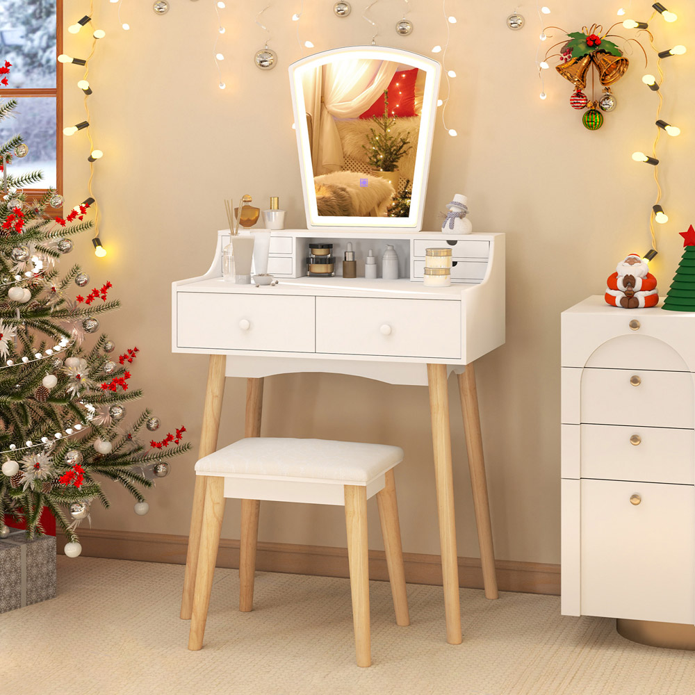 Costway 6 Drawer White LED Dressing Table and Chair Set Image 4