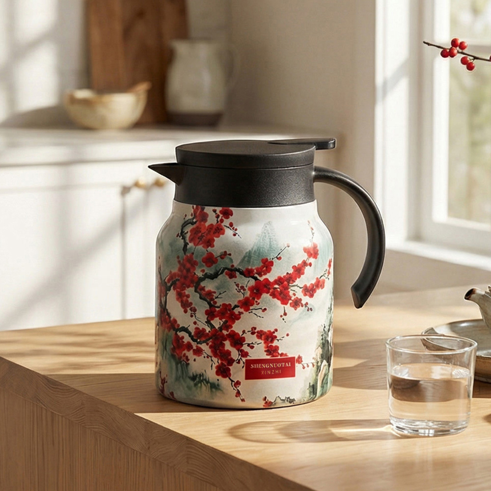 Living and Home Plum Blossom Vintage Floral Stainless Steel Thermal Teapot with Infuser 1L Image 2