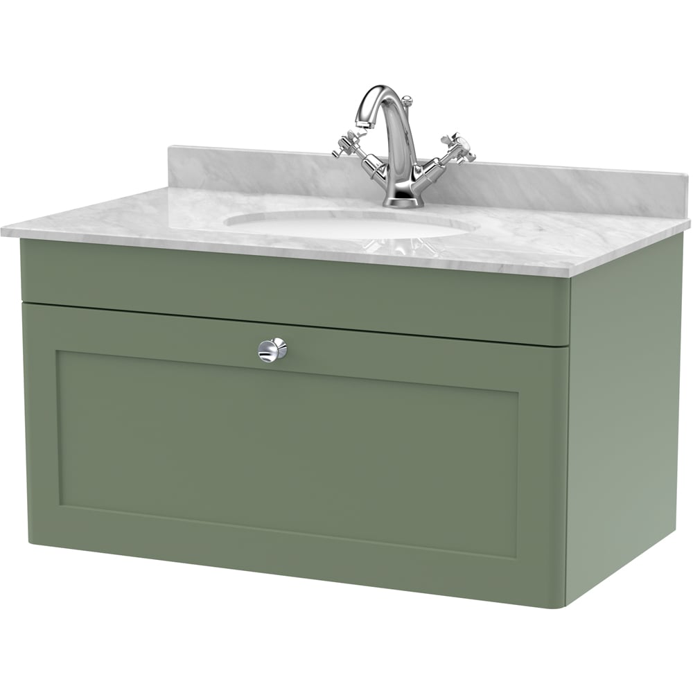 nuie Classique Single Drawer Satin Green and Grey Wall Hung Unit and 1 Tap Hole Marble Basin 800mm Image 1