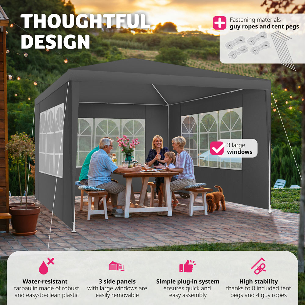 tectake Baraban 3 x 3m Grey Gazebo with 3 Side Panels Image 3