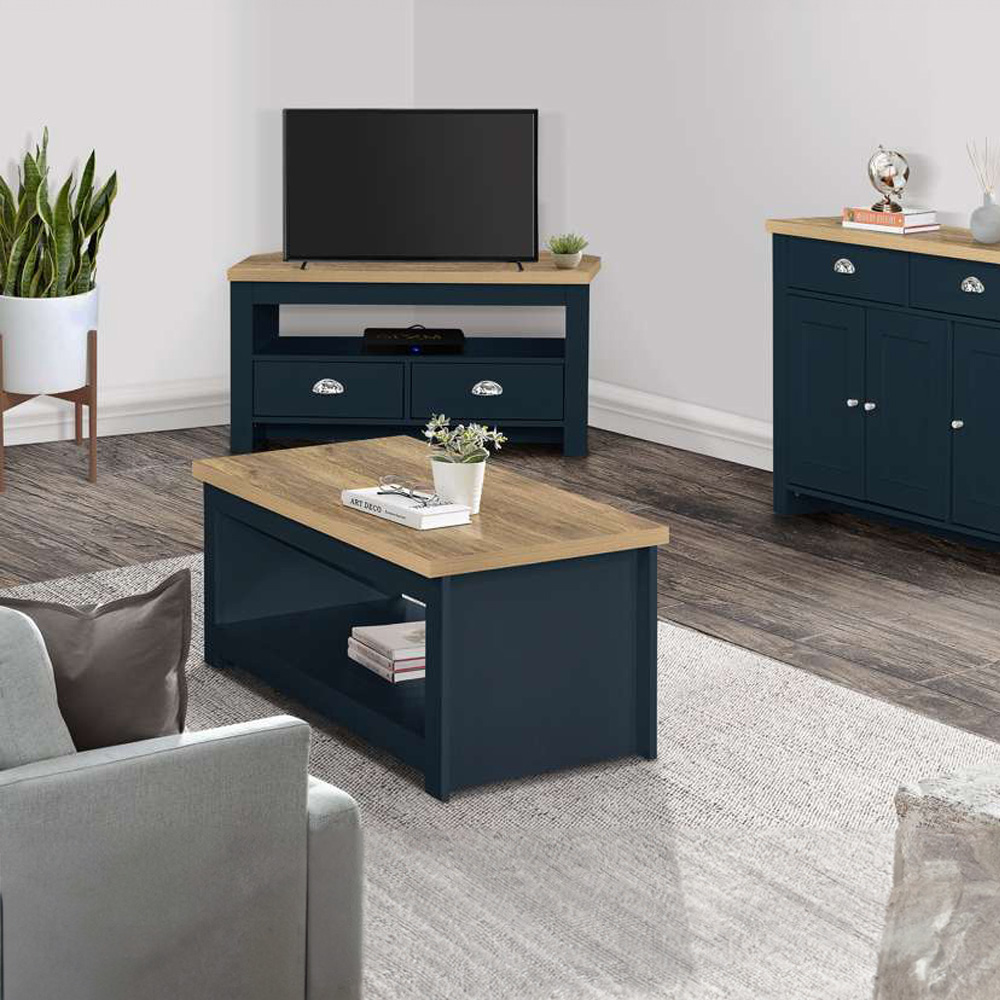 Highgate 2 Drawer Navy and Oak Corner TV Unit Image 6
