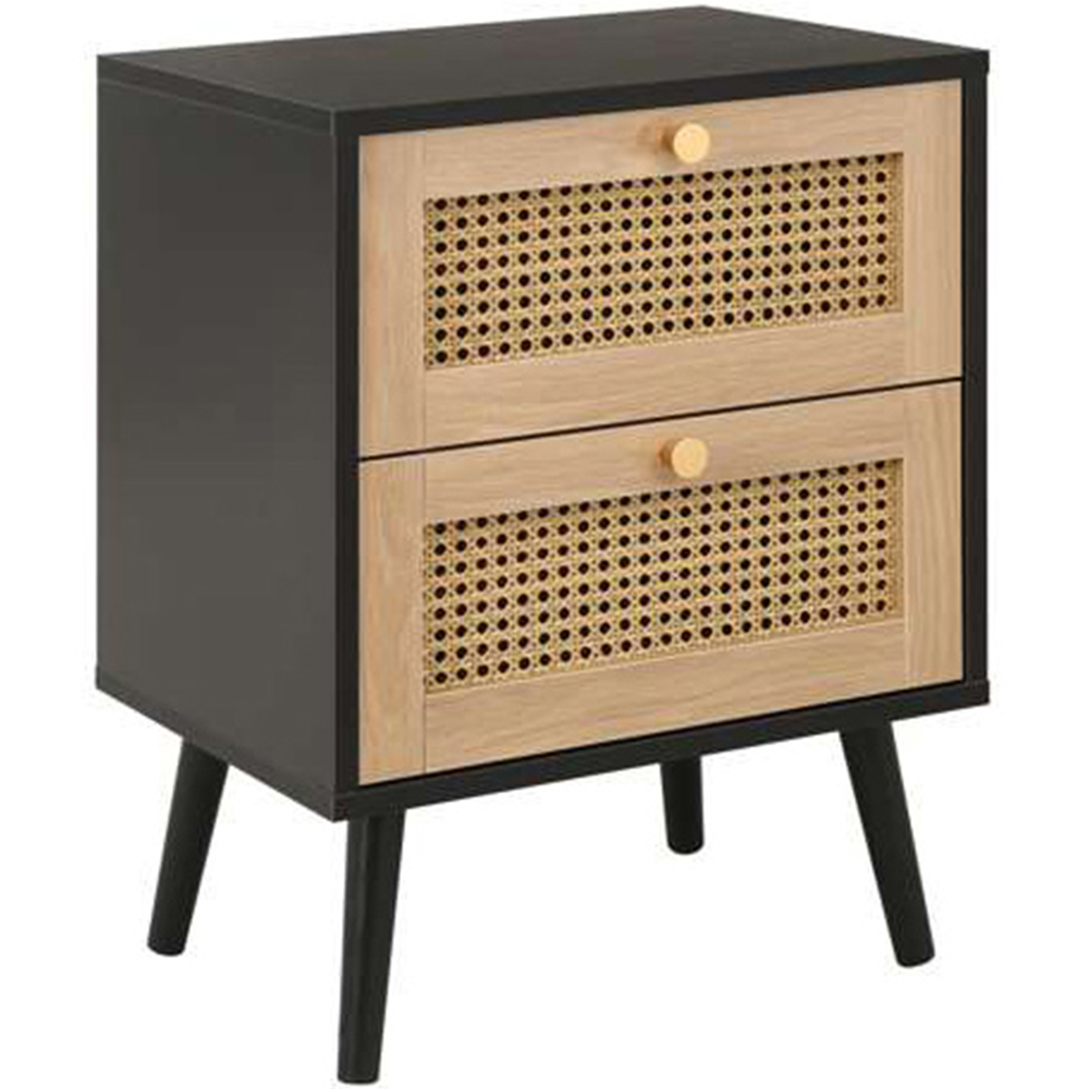 Croxley 2 Drawer Black and Oak Rattan Bedside Table Image 2