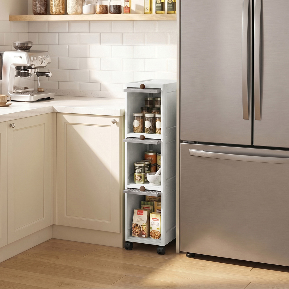 Living and Home 3-Tier Transparent Grey Slim Storage Cabinet with Wheels Image 2