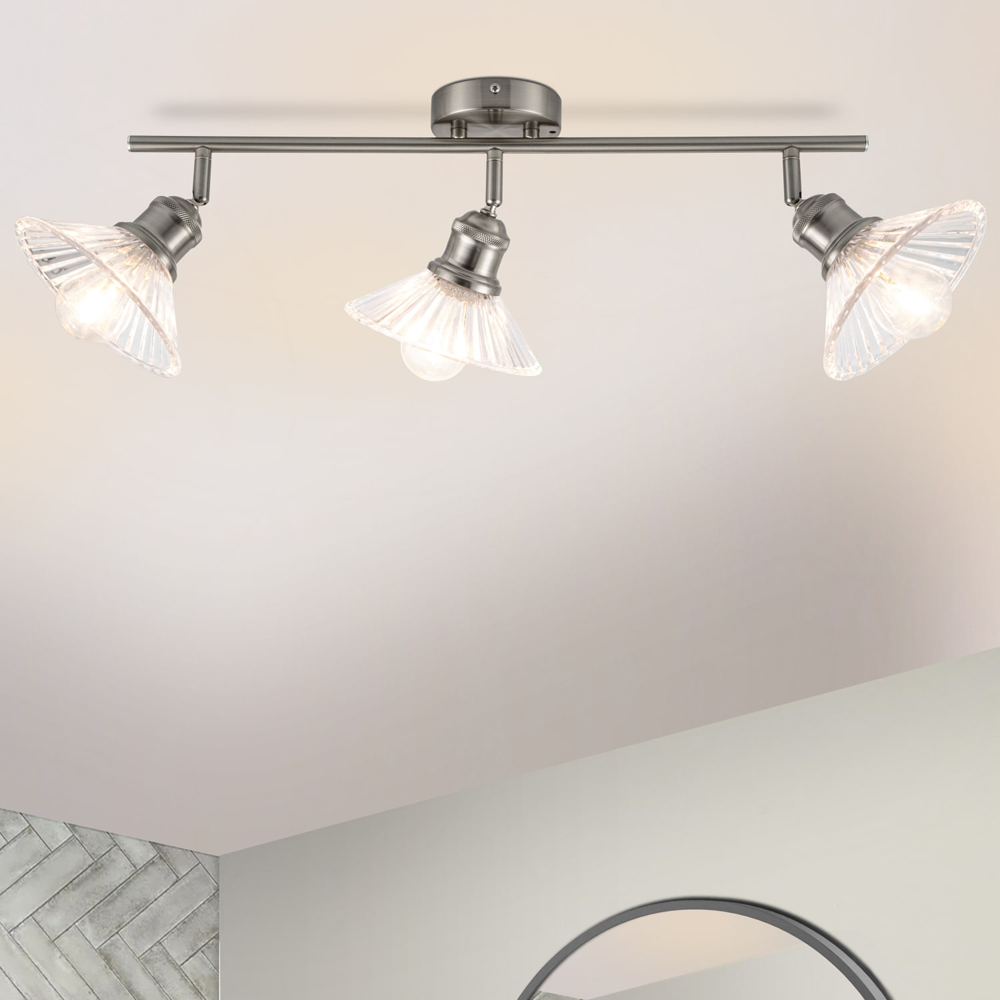 Cosylyte Milan Bathroom 3 Light Brushed Nickel Ribbed Glass Spotlight Image 2