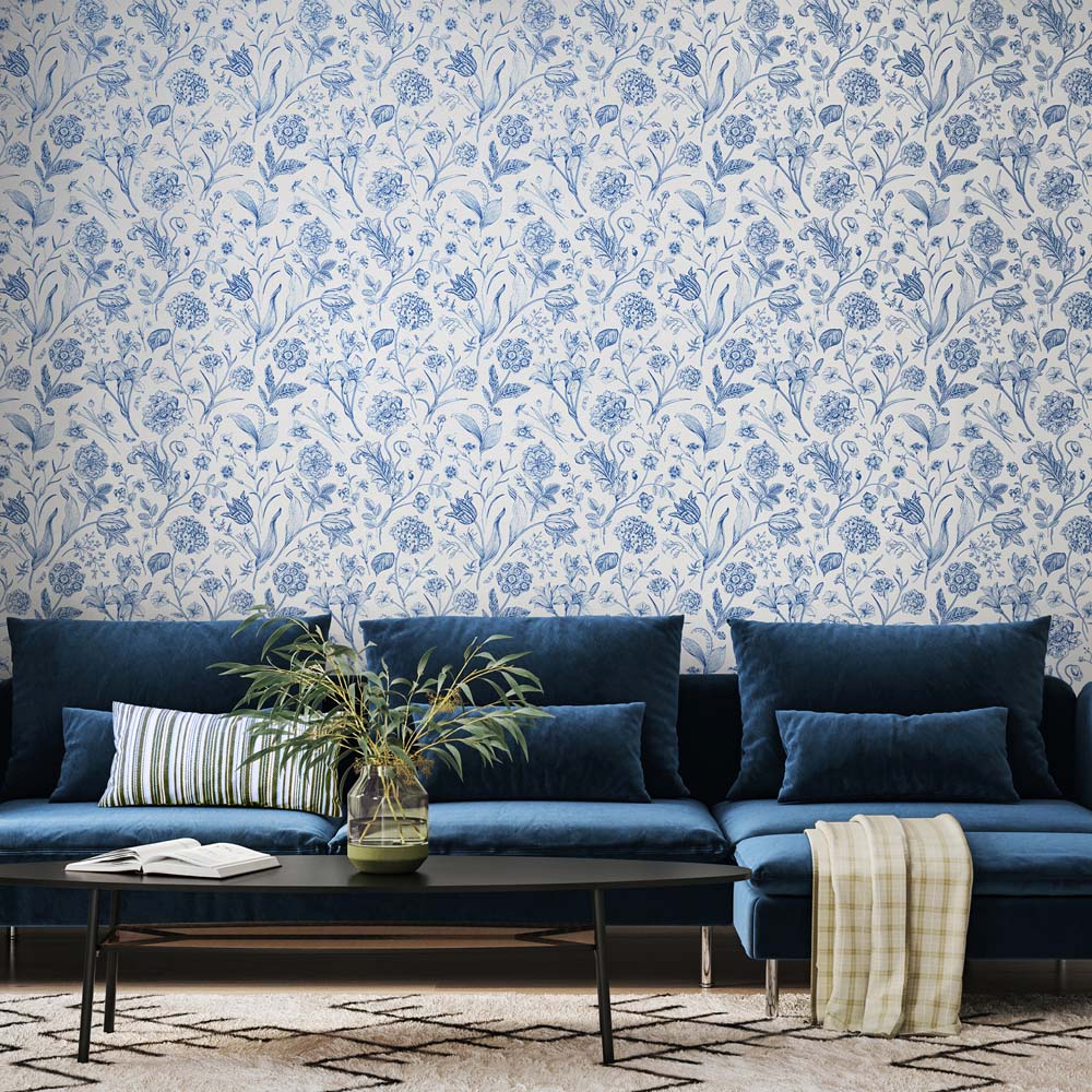 Hoopla Walls Purity Floral Toile Blue Wallpaper Image 2