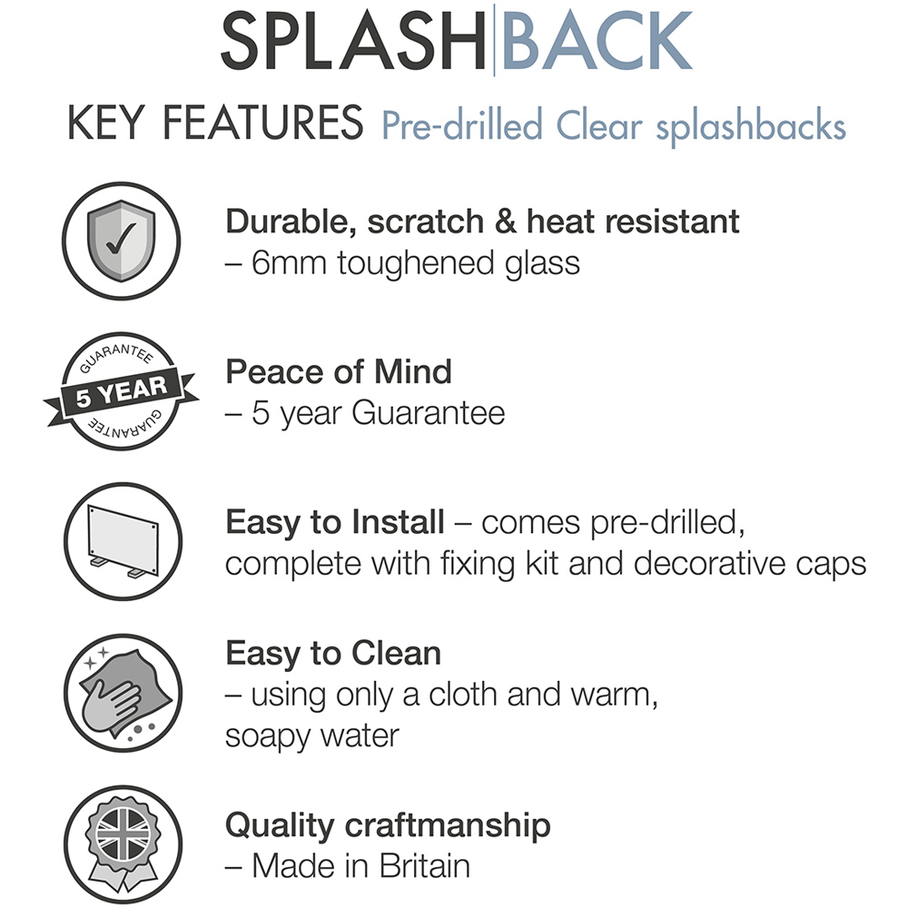 Splashback 0.6cm Thick Clear Kitchen Glass with Chrome Caps 60 x 75cm Image 3
