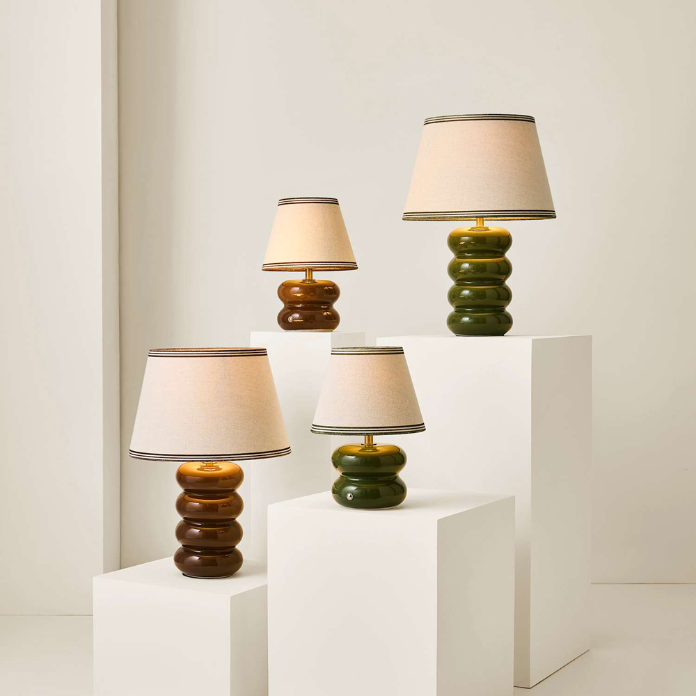 ValueLights Gia Triple Trim Linen Shade Olive Ceramic Stack Table Lamp with Bulb Image 6