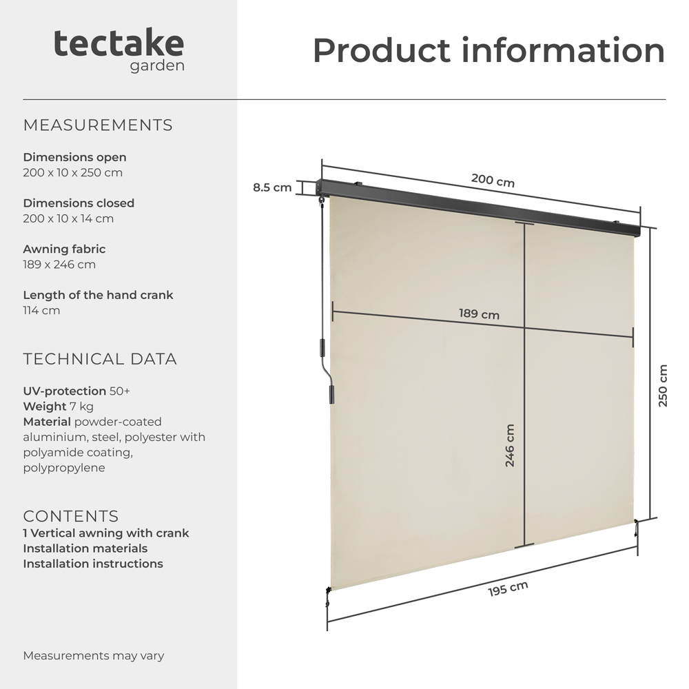 tectake Eloise Beige Vertical Awning with 2 Wall Brackets 2 x 2.5m Image 8