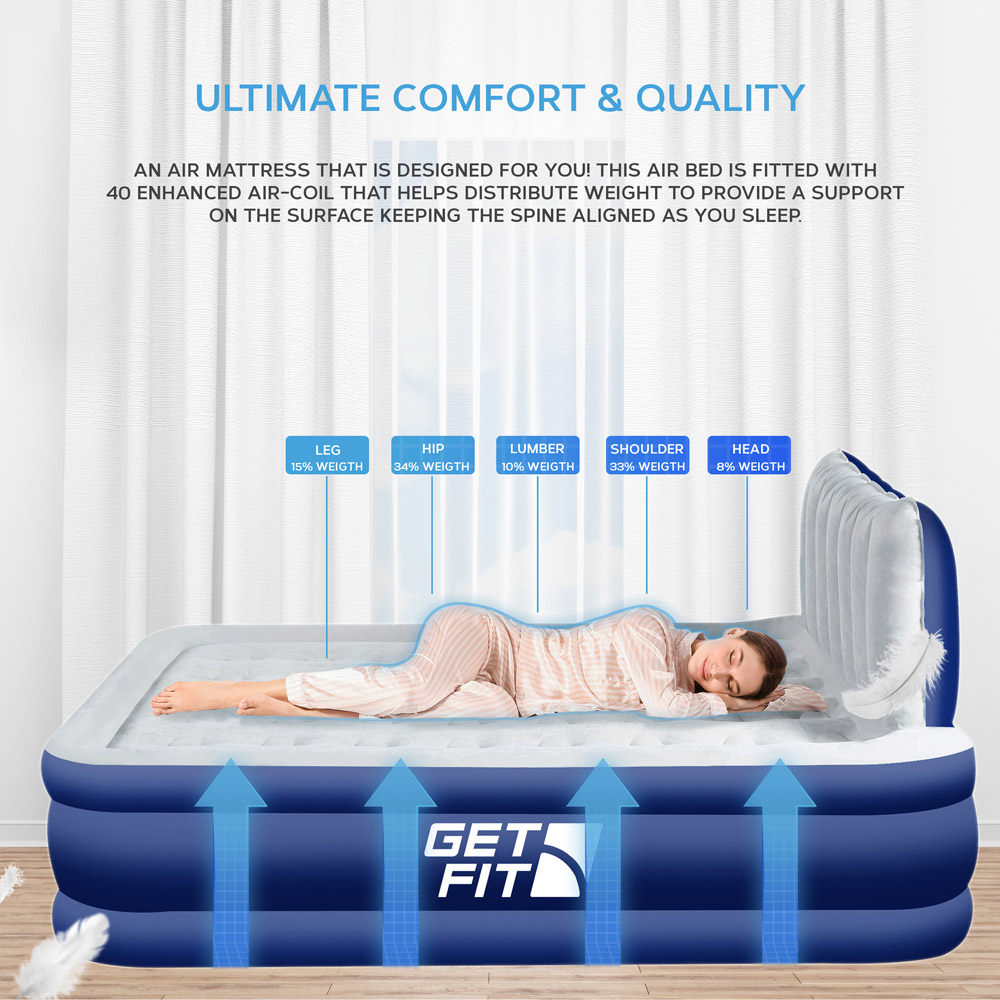 Get Fit Navy and White King Size Inflatable Air Bed with Built-in Electric Pump and Headboard Image 5