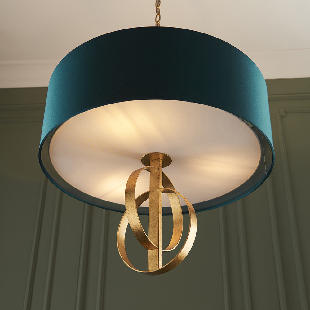 Merano Trento Antique Gold and Teal Satin Fabric 3 Light Pendant Ceiling Light Image 5