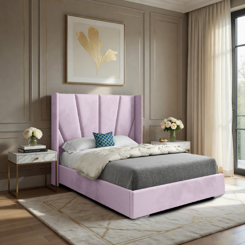 Bellini Pink Small Double Velvet Upholstered Bed Frame with Wide Curved Winged Headboard Image 5