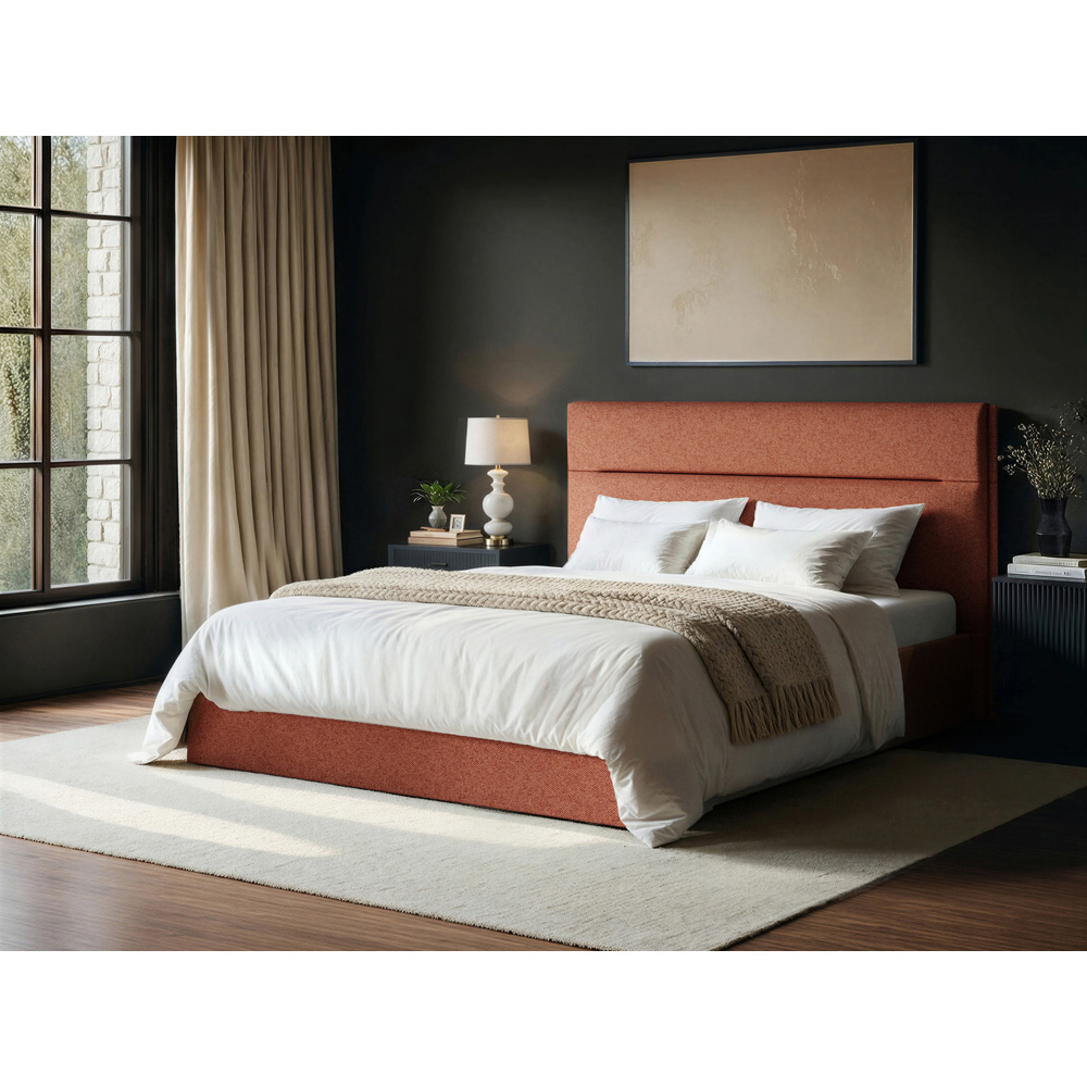 SOLACE+CO Nela Double Burnt Orange Woven Fabric Ottoman Bed with Padded Headboard Image 6