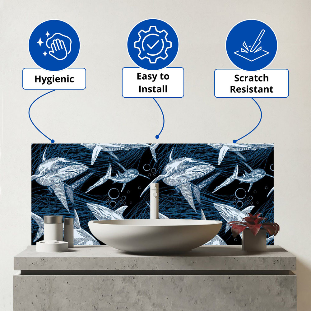 Warren Reed Designer Hand Drawn Shark Pattern Glass Bathroom Splashback 25 x 60cm Image 3