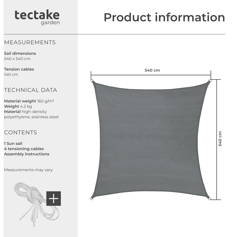 tectake Grey UV 50+ Rectangular Shade Sail 540cm Image 8