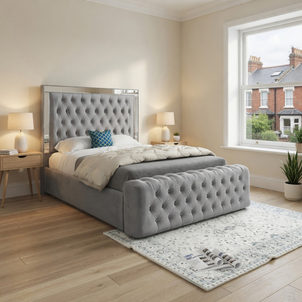 Marino Grey Single Velvet Upholstered Bed Frame with Mirrored Headboard Image 5