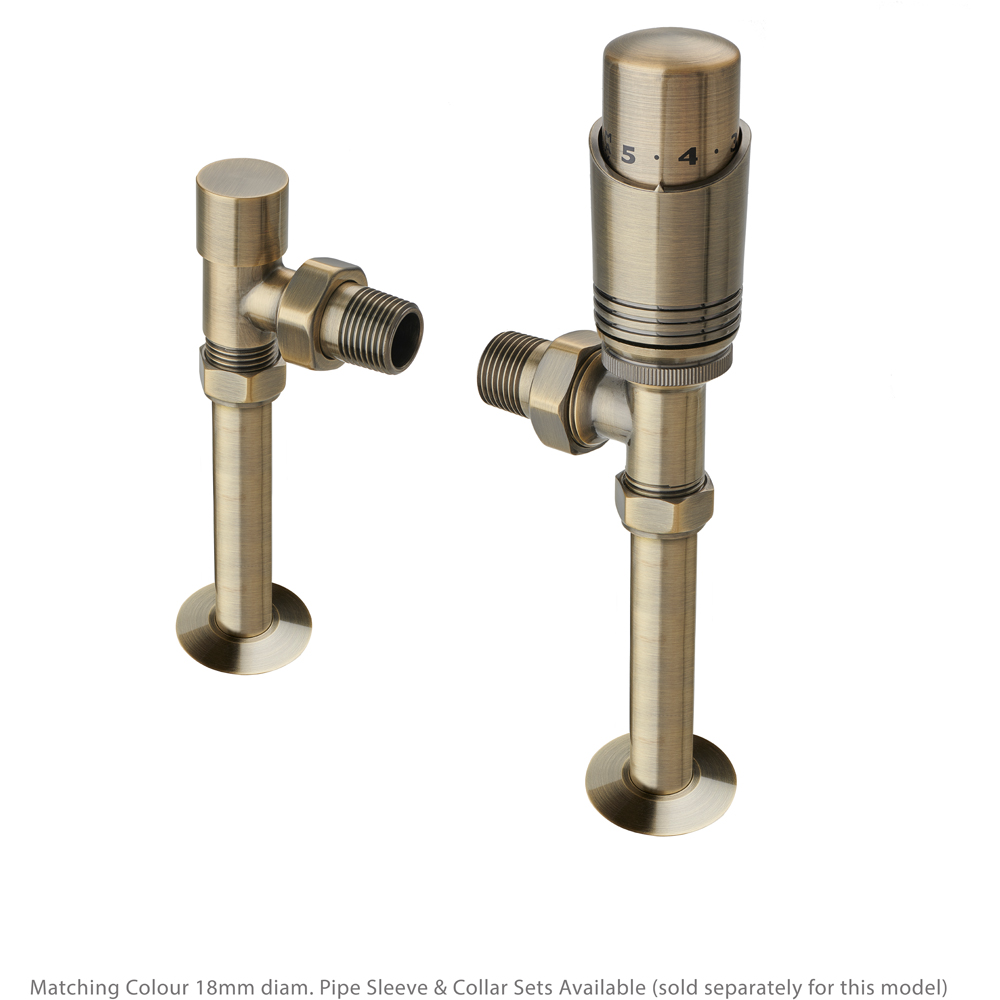 Terma Cylindrical Antique Brass Angled Thermostatic Radiator Valve and Lockshield Set Image 2