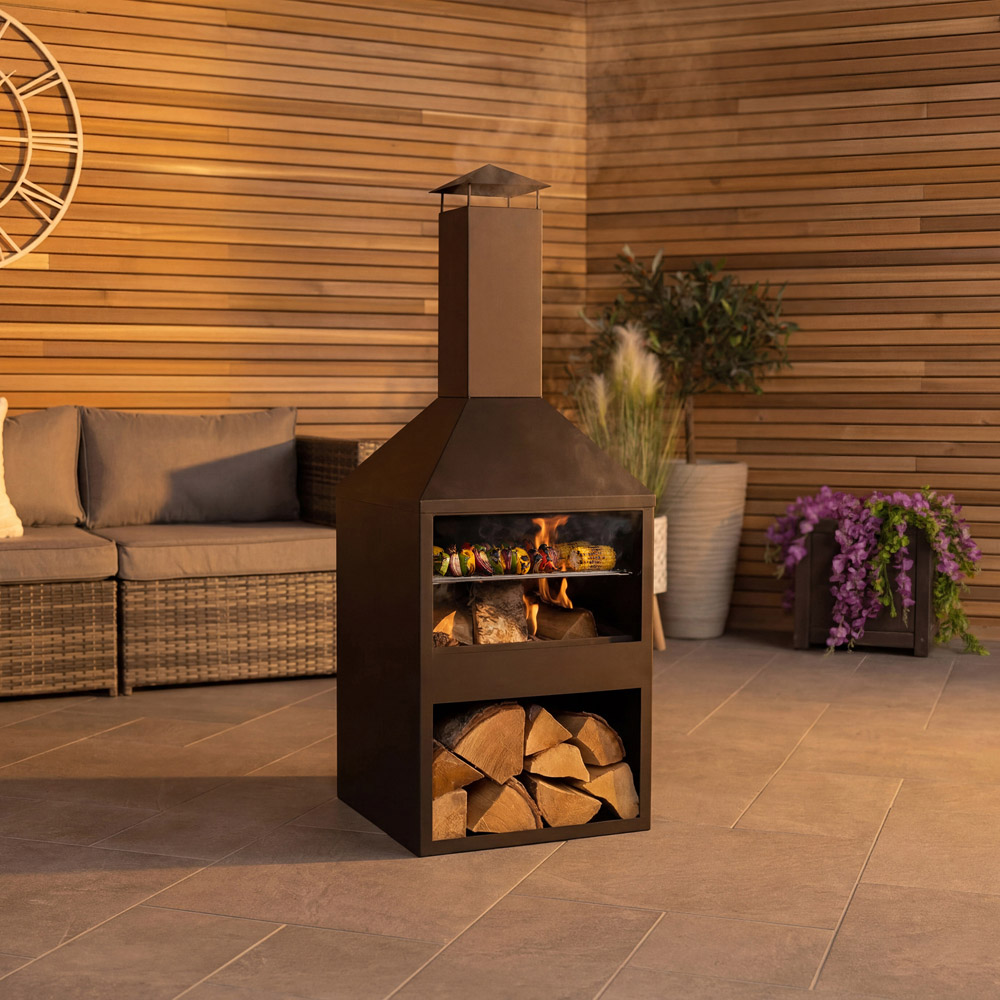 Charles Bentley Snug Rio Black Powder Coated Steel BBQ and Chimenea with Log Storage Image 6