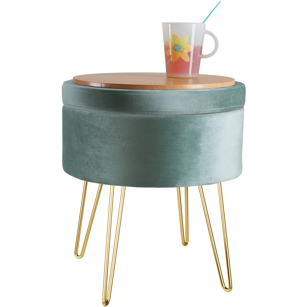 tectake Ava Turquoise Velvet Look Padded Round Stool with Storage Image 4