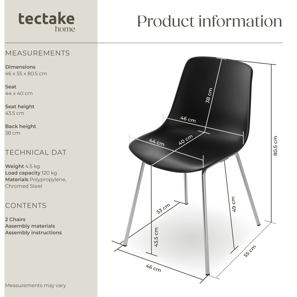 tectake Mave Set of 2 Black and Chrome Ergonomic High Backrest Dining Chair Image 9