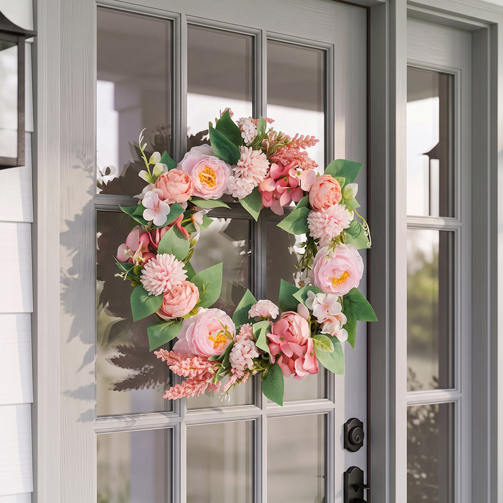 Living and Home Artificial Pink Ranunculus and Camellia Door Wreath 40cm Image 2