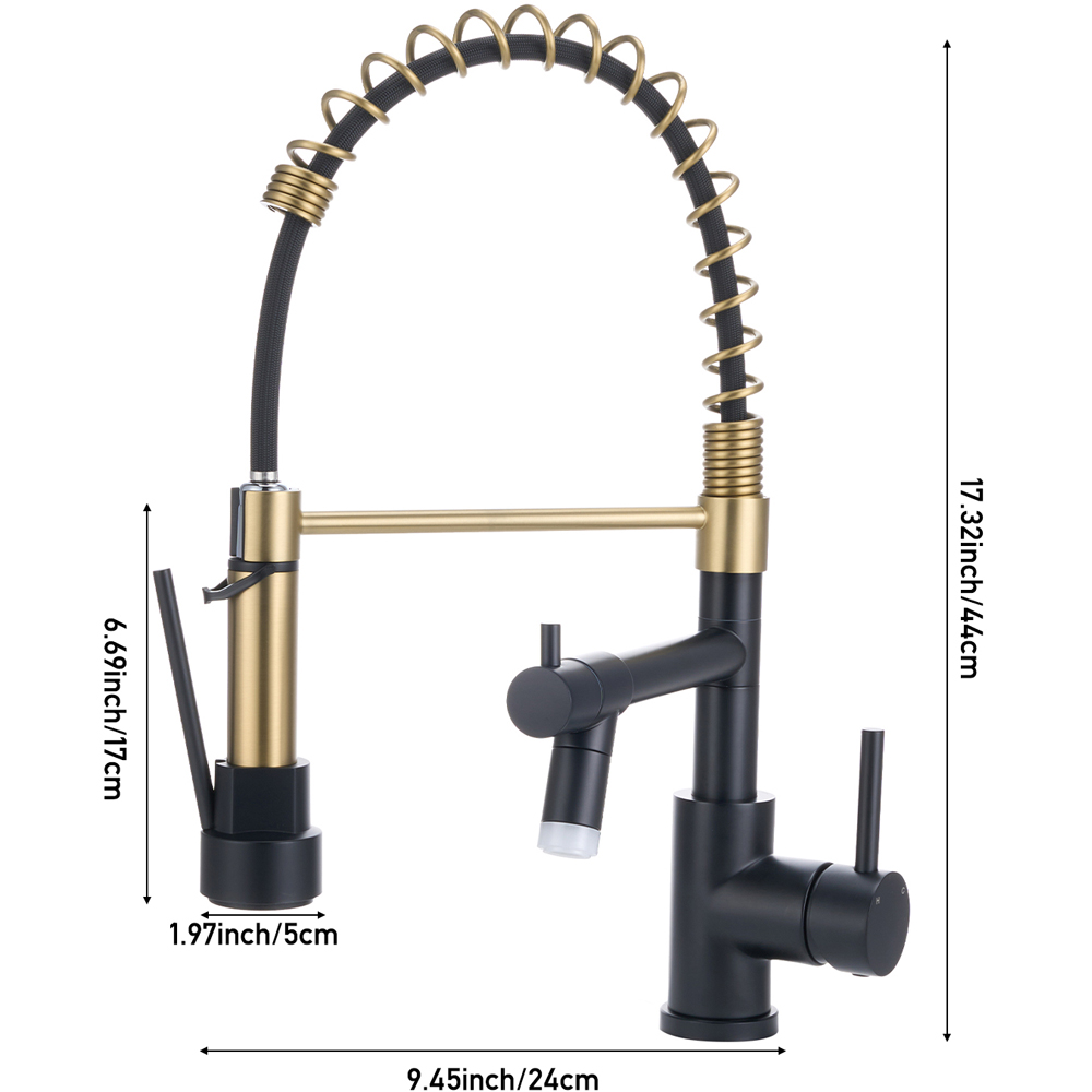 Living and Home Gold and Black 304 Stainless Steel Dual Spout Swivel Kitchen Faucet with LED Light Image 8