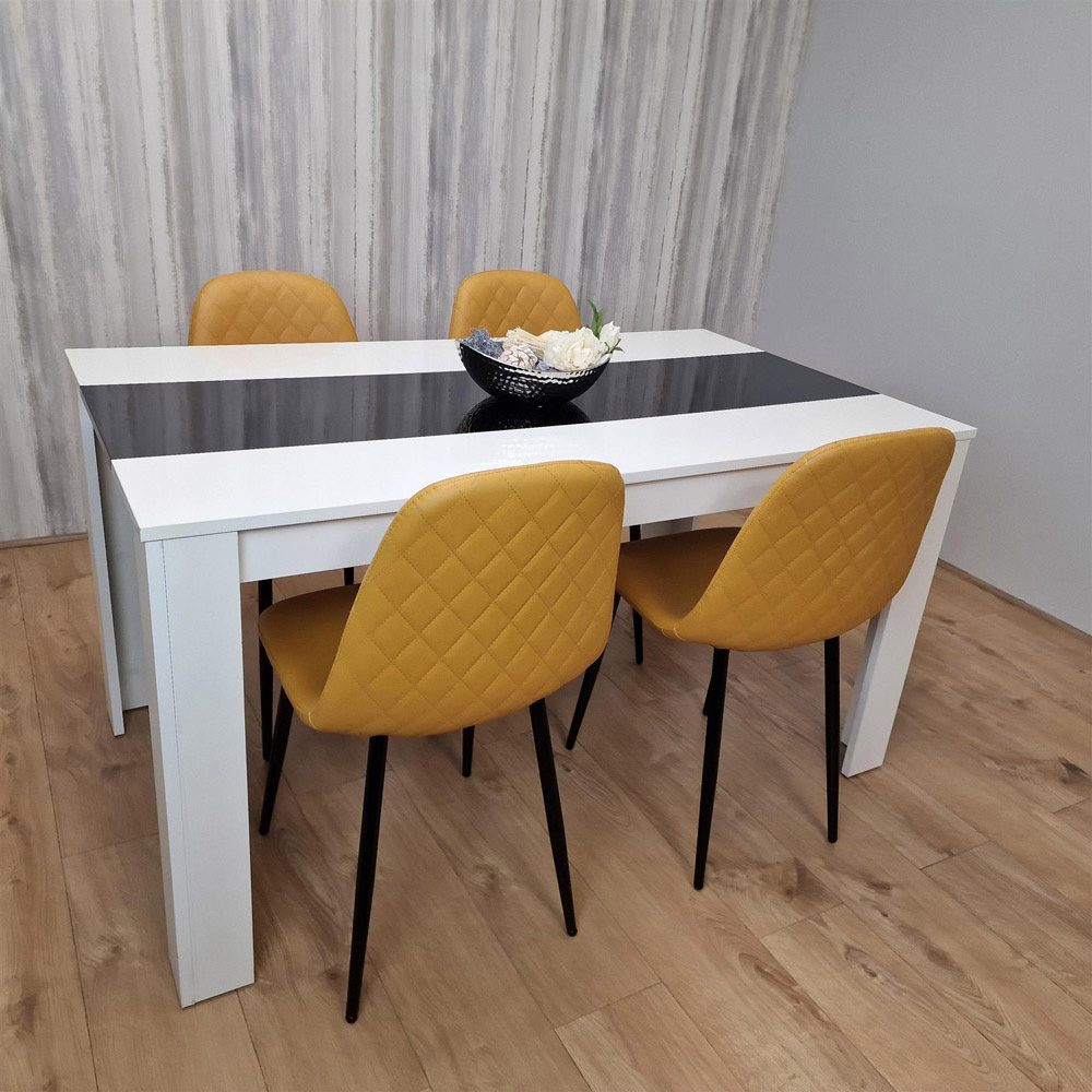 Portland Leather and Wood 4 Seater Dining Set White Black and Mustard Image 2