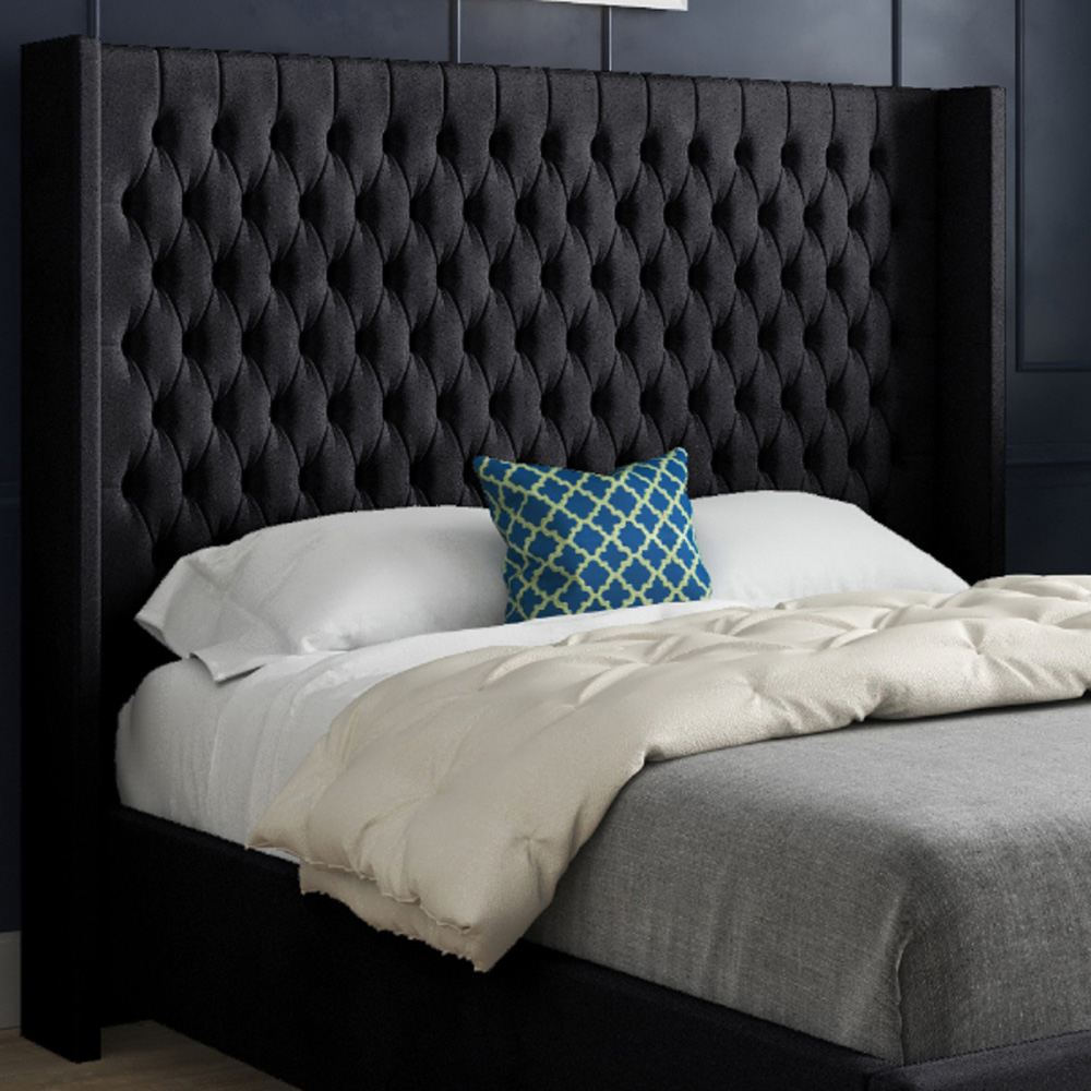 Volta King Size Black Soft Velvet Upholstered Bed Frame with Straight Winged Headboard Image 3