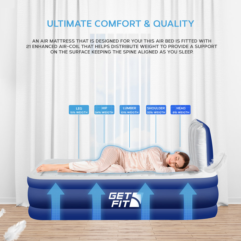Get Fit Navy and White Single Inflatable Air Bed with Built-in Electric Pump and Headboard Image 5