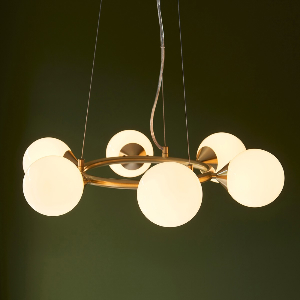 Merano Grosseto 6 light White Gloss Glass Satin Brass Plate Ceiling Light Image 6