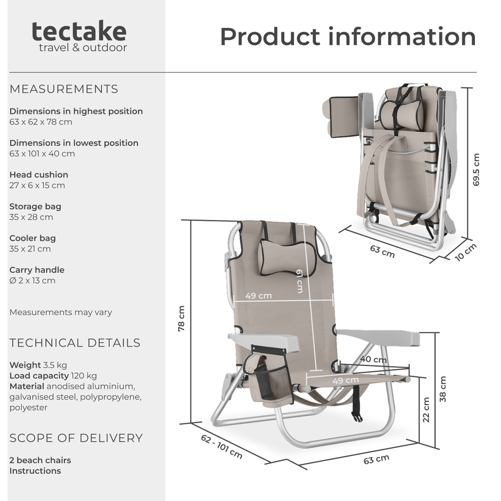 tectake Coral Set of 2 Beige Foldable Beach Chair with Backpack Image 9