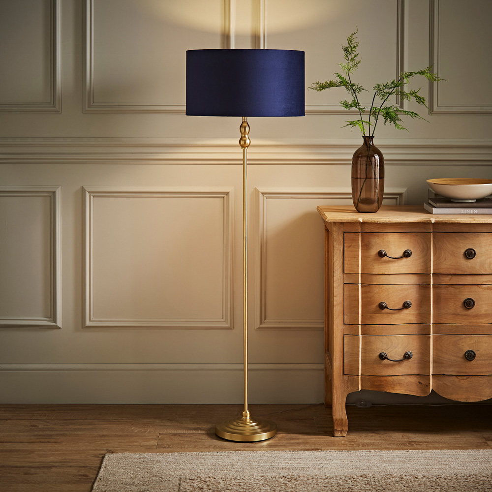 ValueLights Maggie Navy Blue Velvet and Gold Drum Shade Candlestick LED Floor Lamp Image 2