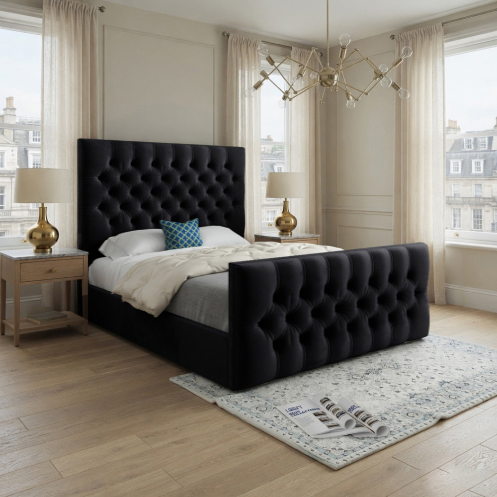 Novara Black Double Velvet Upholstered Bed Frame with Pleated Chesterfield Headboard Image 5