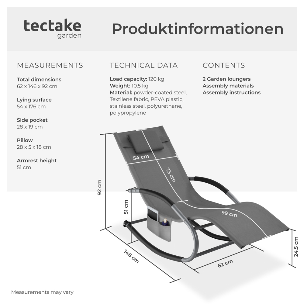 tectake Taya Set of 2 Grey Rocking Sun Lounger Image 9