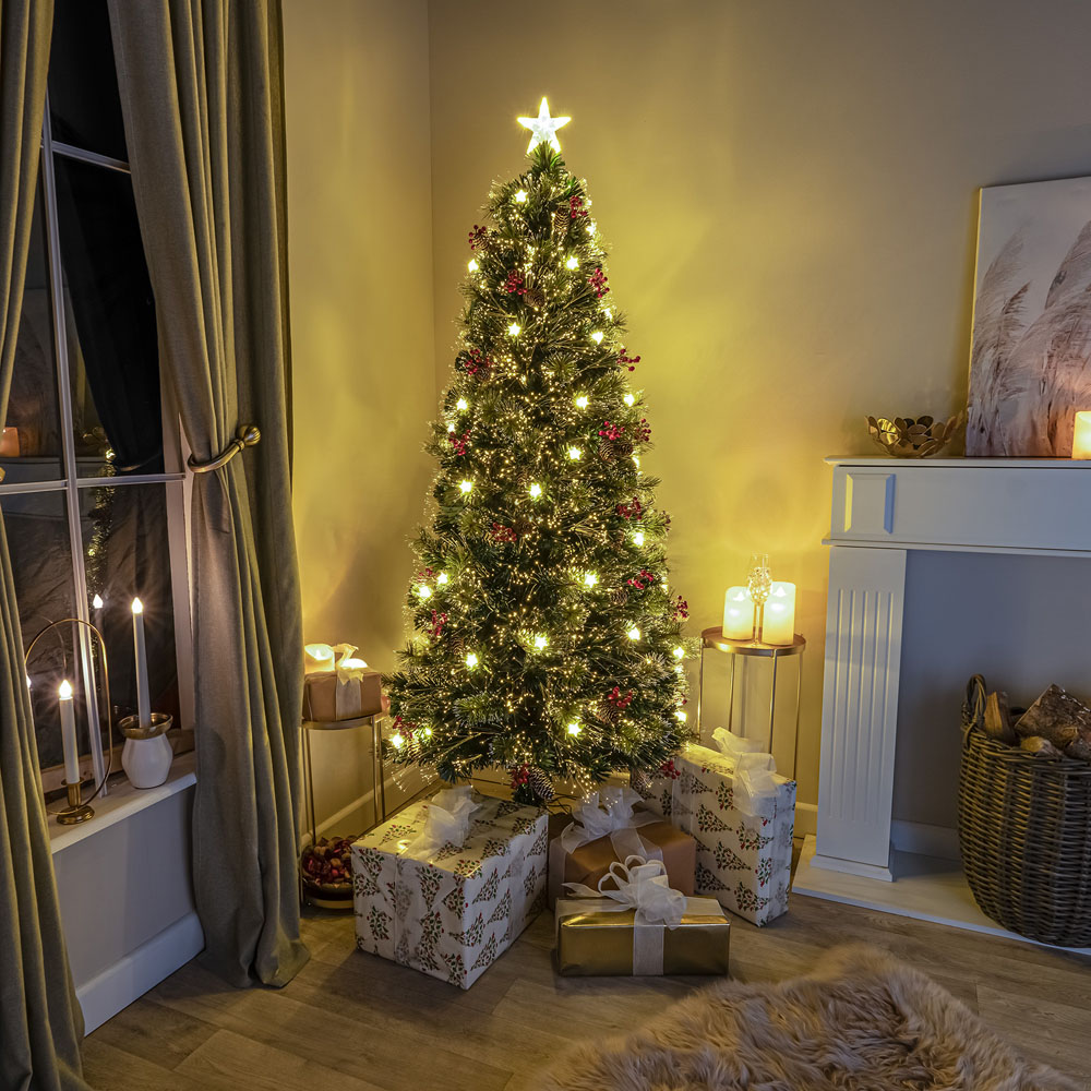 The Christmas Centre 21 Warm White LED Green Fibre Optic Artificial Xmas Tree with Berries Cones 4ft Image 2