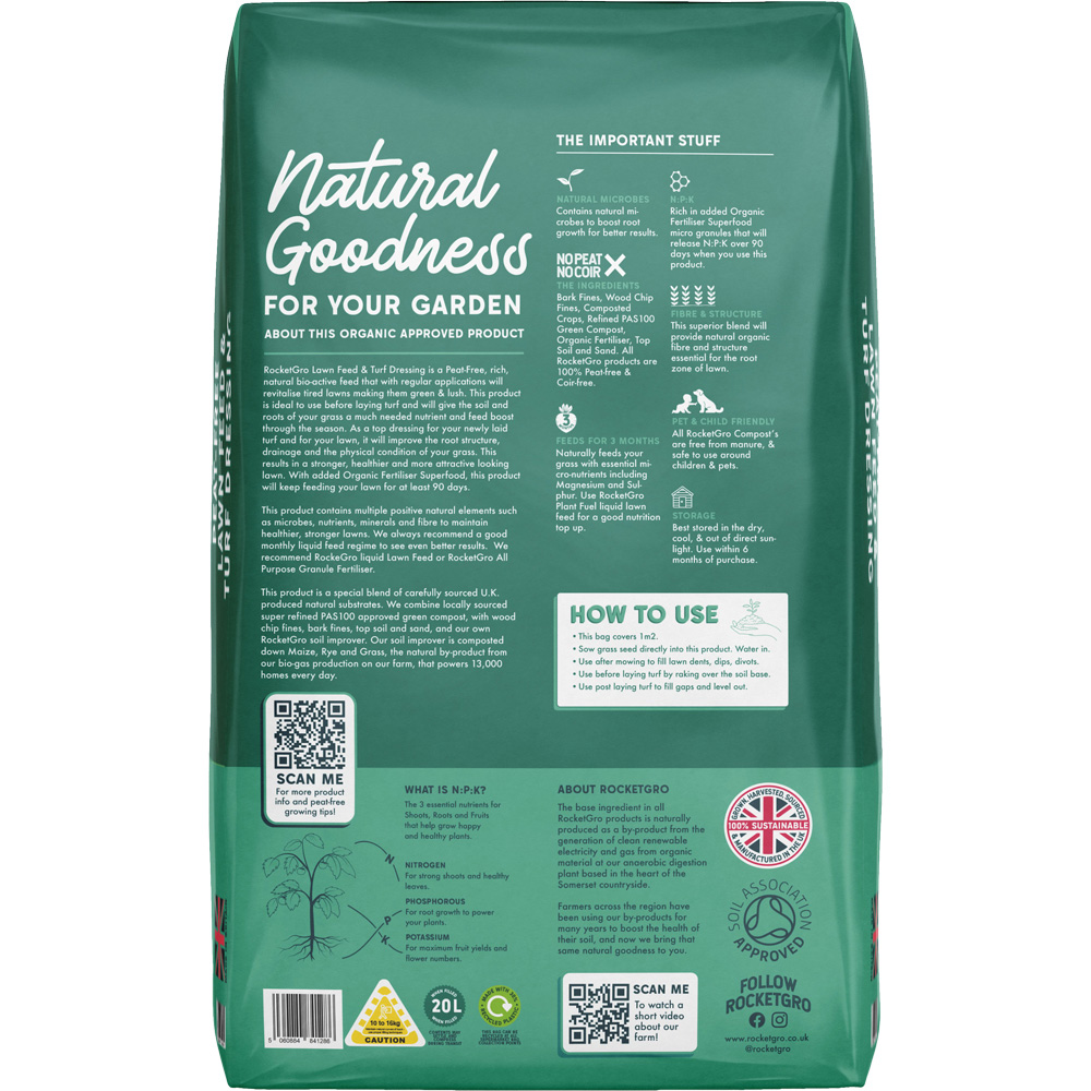 RocketGro Organic Approved Peat-Free Lawn Feed and Turf Dressing Bag 40L 60 Pack Image 4