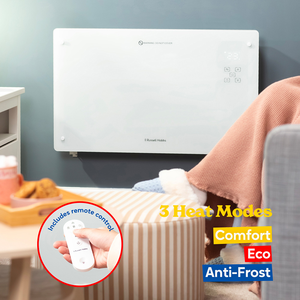 Russell Hobbs White Smart Wi-Fi Glass Panel Heater with Attachable Feet and Remote 2000W Image 6