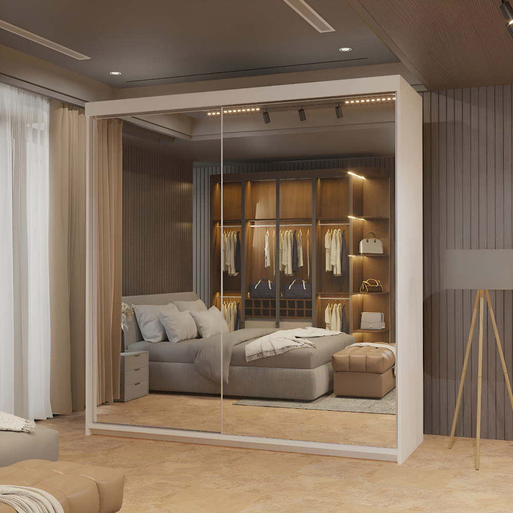 Sliding Wardrobes 4U Queen 2 Door White Full Length Mirrored Sliding Wardrobe 150cm Image 4